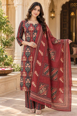 Inaya Wine Floral Printed Straight Cotton Suit Set with Cotton Dupatta