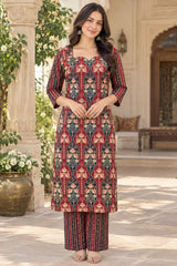 Inaya Wine Floral Printed Straight Cotton Suit Set with Cotton Dupatta