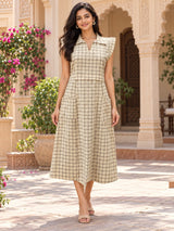 Aavya Beige Classic Checkered Collared A-Line Midi Dress