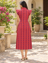Mahira Coral Red Boho Floral Printed Collared Midi Dress