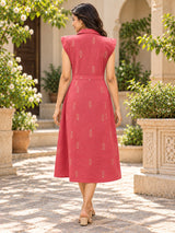 Aarisha Rose Pink Floral Motif Printed Collared A-Line Midi Dress