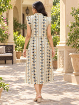 Aarvi Ivory Geometric Printed Collared A-Line Midi Dress