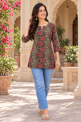 Ruhika Black & Maroon Floral Printed Short Kurti for Women