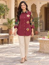 Ruhani Maroon Patchwork Cotton A-Line Shirt for Women