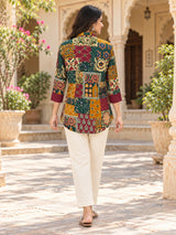 Ruhani Maroon Patchwork Cotton A-Line Shirt for Women