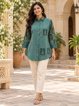 Aaranya Teal Printed Cotton Shirt-Style Kurti