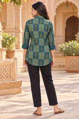 Aaranya Teal Printed Cotton Shirt-Style Kurti