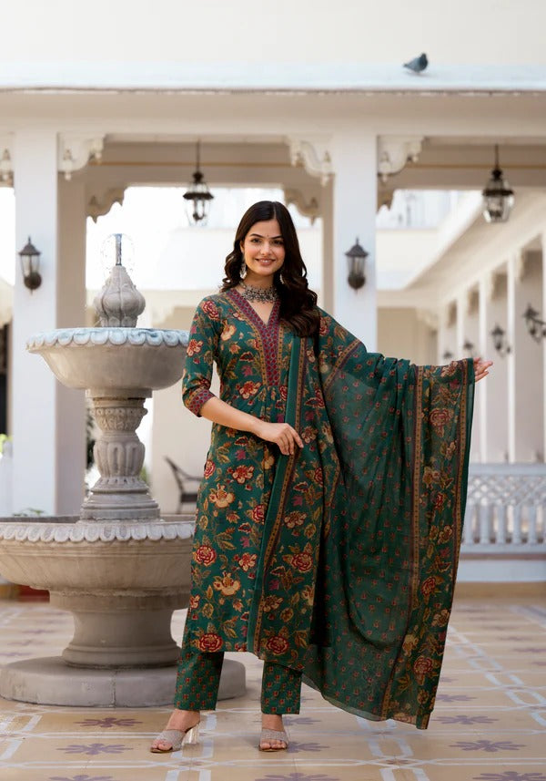 Trishala Green Floral Print Unstitched Suit Set