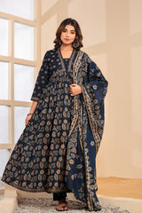 Kalki Blue Hand Embroidered Printed Cotton Suit Set