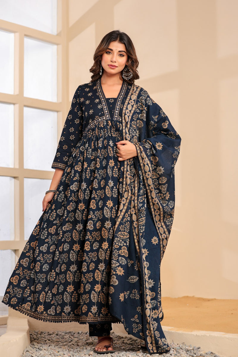 Kalki Blue Hand Embroidered Printed Cotton Suit Set