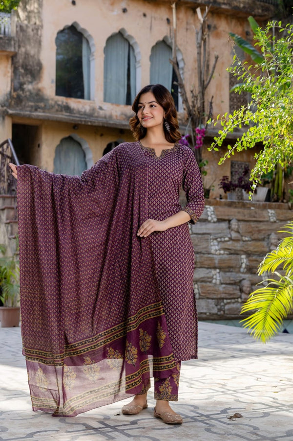 Phool Purple Handblock Printed Cotton Unstitched Suit Set
