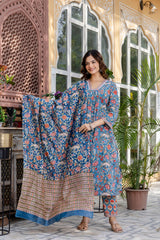 Neel Garden Cotton Handblock Printed Unstitched Suit Set with Chanderi dupatta