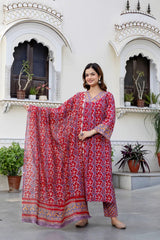 Isha Pure Handblock Unstitched Suit Set with Chanderi Silk Dupatta