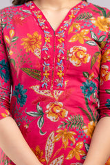 Rose Gold Red Hand Block Printed Hand Embroidered Cotton Suit Set With Cotton Dupatta