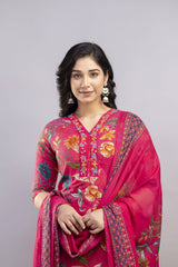 Rose Gold Red Hand Block Printed Hand Embroidered Cotton Suit Set With Cotton Dupatta
