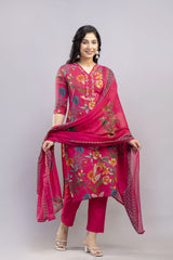 Rose Gold Red Hand Block Printed Hand Embroidered Cotton Suit Set With Cotton Dupatta