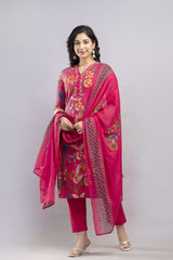 Rose Gold Red Hand Block Printed Hand Embroidered Cotton Suit Set With Cotton Dupatta