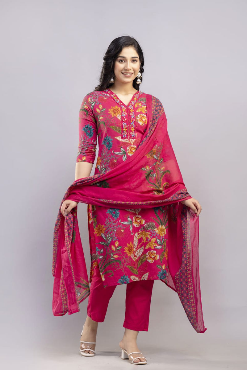 Rose Gold Red Hand Block Printed Hand Embroidered Cotton Suit Set With Cotton Dupatta