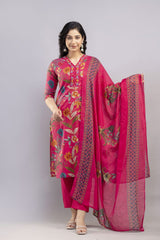 Rose Gold Red Hand Block Printed Hand Embroidered Cotton Suit Set With Cotton Dupatta