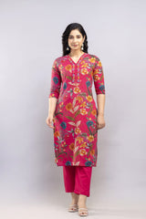 Rose Gold Red Hand Block Printed Hand Embroidered Cotton Suit Set With Cotton Dupatta