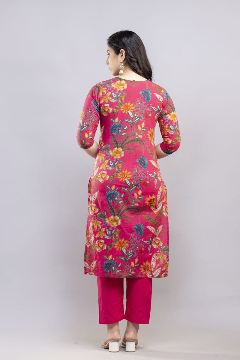 Rose Gold Red Hand Block Printed Hand Embroidered Cotton Suit Set With Cotton Dupatta