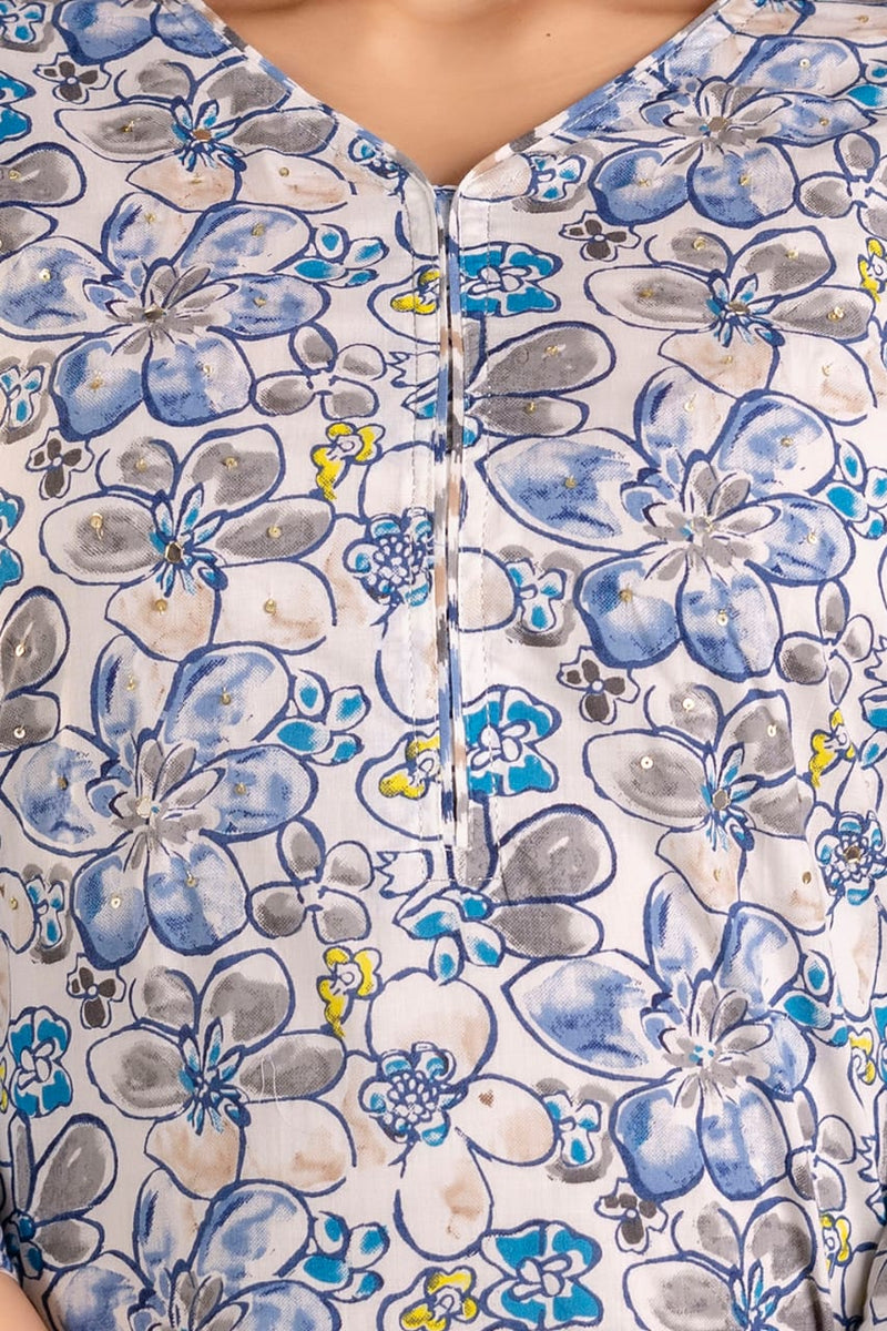 Blossom Sky Blue Handblock Printed Cotton Suit Set With Cotton Dupatta