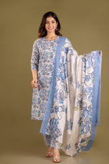 Blossom Sky Blue Handblock Printed Cotton Suit Set With Cotton Dupatta