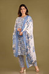 Blossom Sky Blue Handblock Printed Cotton Suit Set With Cotton Dupatta