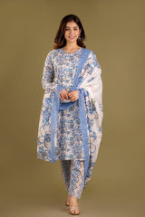 Blossom Sky Blue Handblock Printed Cotton Suit Set With Cotton Dupatta