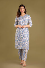 Blossom Sky Blue Handblock Printed Cotton Suit Set With Cotton Dupatta