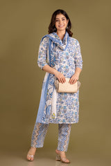 Blossom Sky Blue Handblock Printed Cotton Suit Set With Cotton Dupatta
