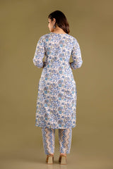 Blossom Sky Blue Handblock Printed Cotton Suit Set With Cotton Dupatta