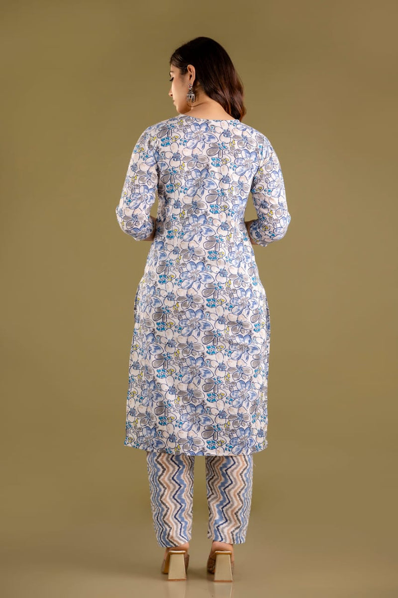 Blossom Sky Blue Handblock Printed Cotton Suit Set With Cotton Dupatta