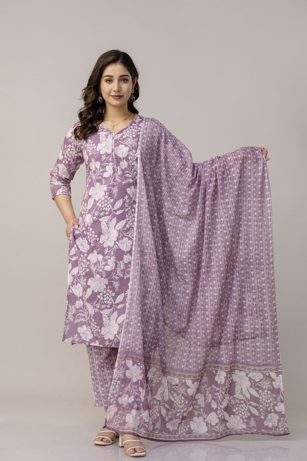 Lavender Garden Handblock Printed Hand Embroidered Cotton Suit Set With Cotton Dupatta