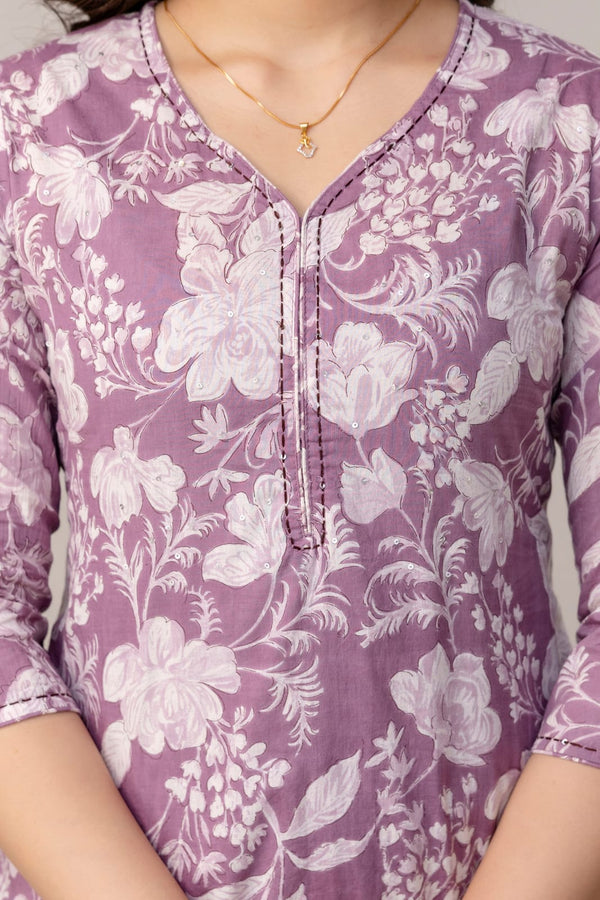 Lavender Garden Handblock Printed Hand Embroidered Cotton Suit Set With Cotton Dupatta