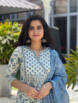 Meher Blue Garden Cotton Suit Set With Cotton Dupatta