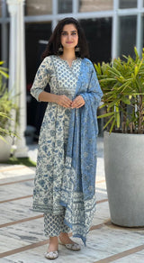 Meher Blue Garden Cotton Suit Set With Cotton Dupatta