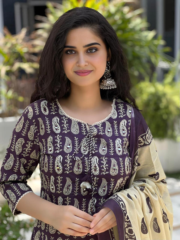 Kalki plum cotton suit set with dupatta