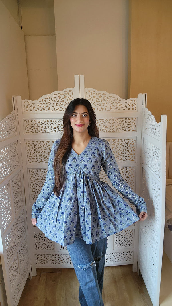 Rosso Blue Handblock Printed Short Kurta