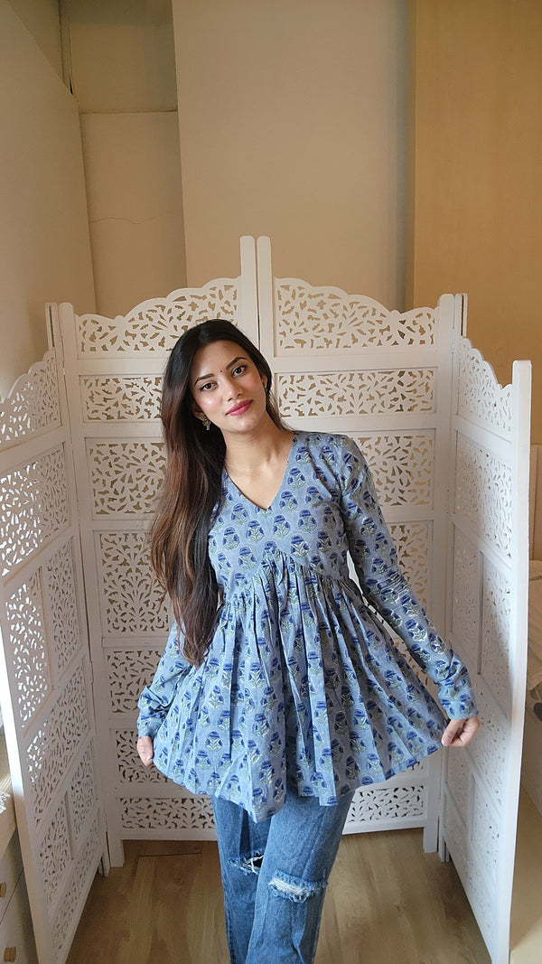Rosso Blue Handblock Printed Short Kurta