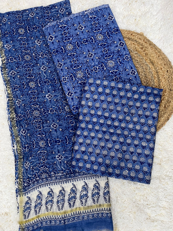 Rose Blue Embroidered Chanderi Handblock Printed Unstitched Suit Set