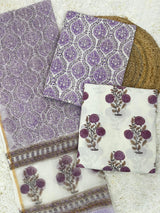 Phulwari grace lavender handblock printed lace detailing cotton unstitched suit set with kota doria dupatta