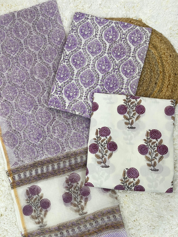 Phulwari grace lavender handblock printed lace detailing cotton unstitched suit set with kota doria dupatta