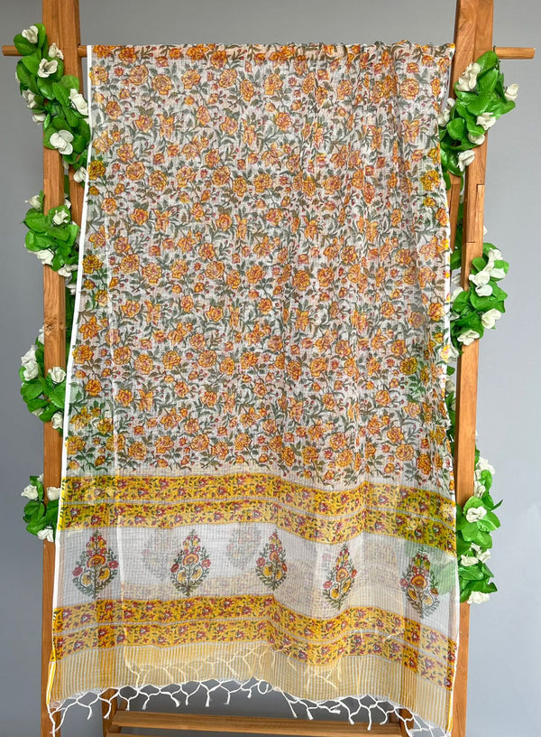 Basanti phool yellow handblock printed kota doria dupatta