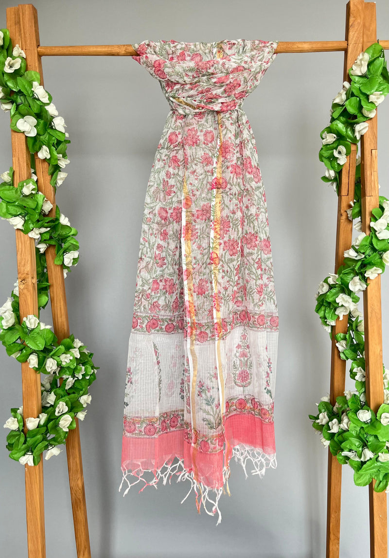 Beatle pink handblock printed kota doria dupatta