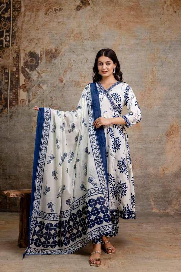 Lily Blue Printed Cotton Anarkali Suit Set With Cotton Dupatta
