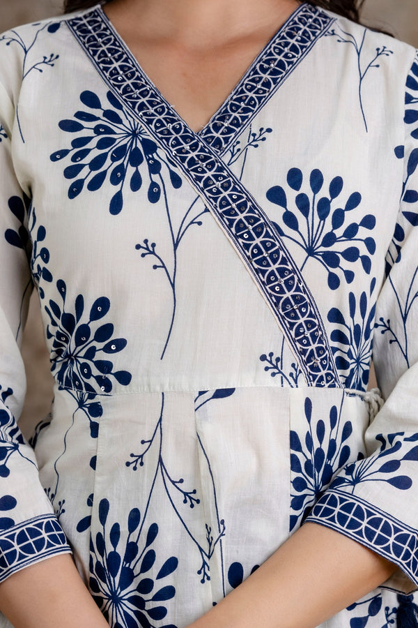 Lily Blue Printed Cotton Anarkali Suit Set With Cotton Dupatta