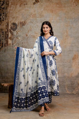 Lily Blue Printed Cotton Anarkali Suit Set With Cotton Dupatta