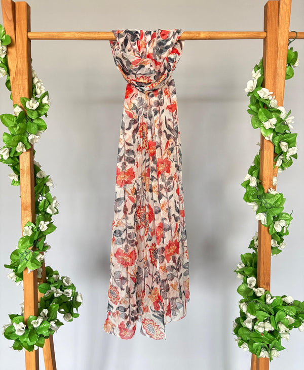 Rust Red & Grey Floral Printed chifon dupatta