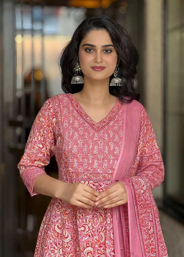 Gulrooh Rose Pink Anarkali Cotton Suit Set